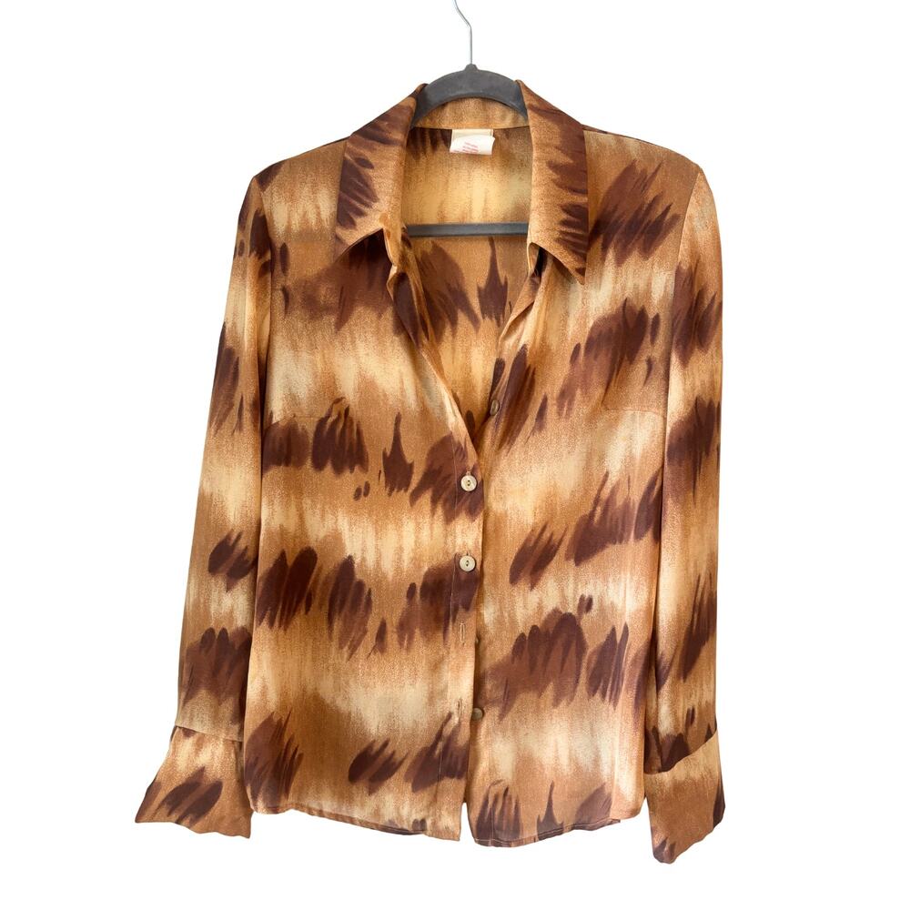 Vintage Brown Abstract Print Button-Down Blouse Women’s Size 8